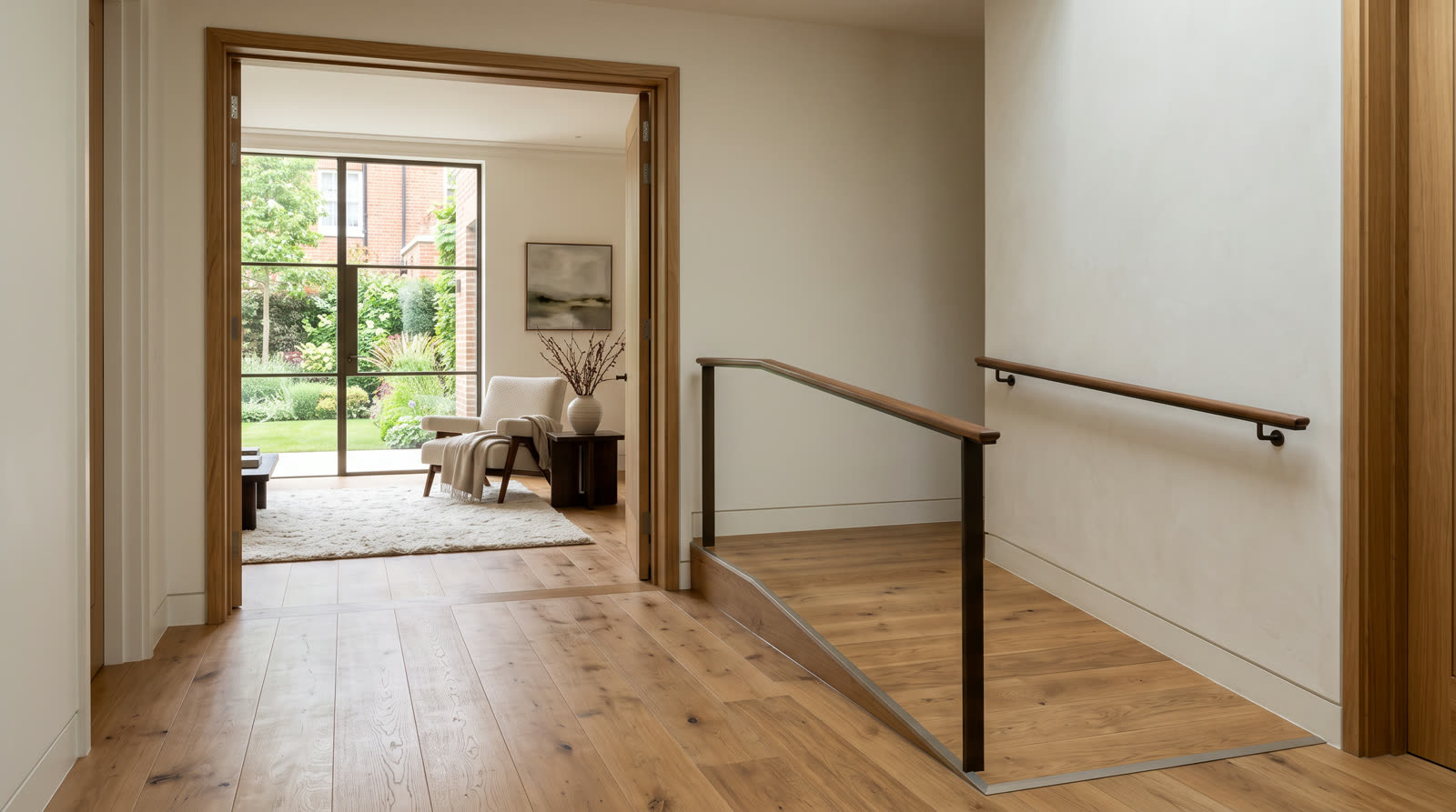 Wide level threshold doorway with a discreet ramp and handrail in a luxury home