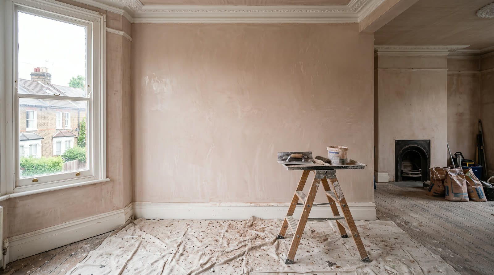 Freshly re-plastered wall in a period London townhouse being restored