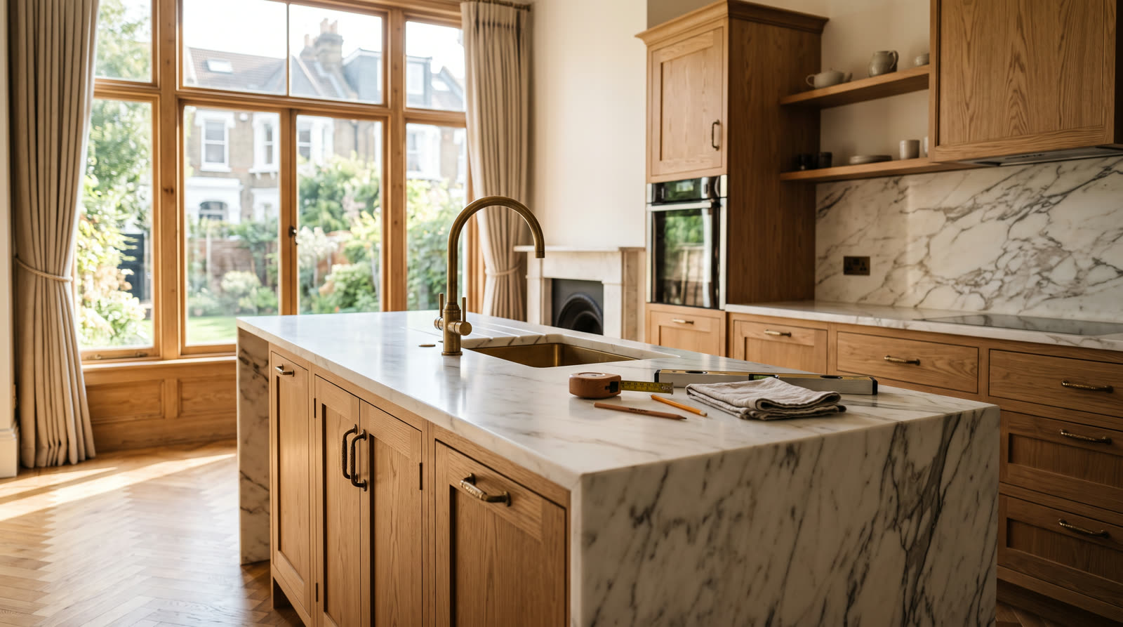 Newly fitted bespoke oak kitchen with marble waterfall island